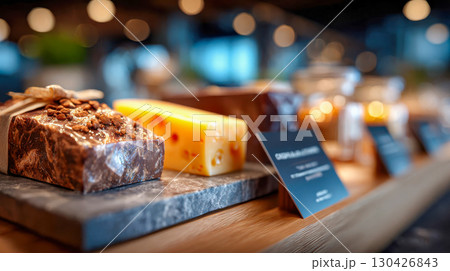 Display of assorted gourmet cheeses and chocolate bars on a wooden counter in a delicatessen 130426843