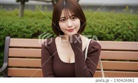 公園のベンチに座って優しく微笑むボブヘアの20代女性 公園のベンチに座って優しく微笑むボブヘアの20代女性 130426862