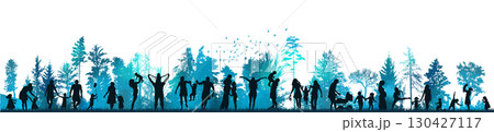 Silhouettes of people in nature. Family in the blue park. Vector illustration Silhouettes of people in nature. Family in the blue park. Vector illustration 130427117