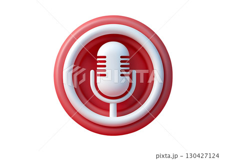 3d microphone icon inside red circle with white accents, podcast record button or audio symbol 130427124