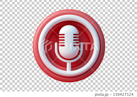 3d microphone icon inside red circle with white accents, podcast record button or audio symbol 130427124