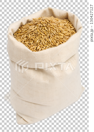 Burlap bag of whole grain wheat, natural jute sack filled with organic cereal, isolated on transparent background 130427127