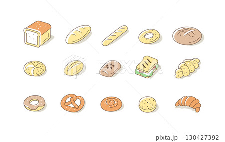Bread and Buns Icons Set. Various Bakery Products Symbols. Baguette, Toast, Pretzel, Croissant and Other Variety of Bread. Cereal Bakery Signs Collection 130427392