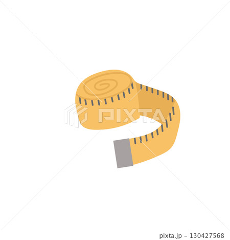 Hand drawn yellow tailor's tape measure. Sewing tool of dressmaker isolated on white background. Tailor measuring tape, item for tailoring, needlework. Vector illustration 130427568