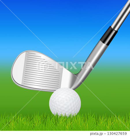 Vector 3d Realistic Golf Club Hitting Ball Close Up. Golf Swing Motion with Iron Club and White Ball on Green Grass. Professional Golf Training Concept for Sports, Competition, Tournament, Game Vector 3d Realistic Golf Club Hitting Ball Close Up. Golf Swing Motion with Iron Club and White Ball on Green Grass. Professional Golf Training Concept for Sports, Competition, Tournament, Game 130427659