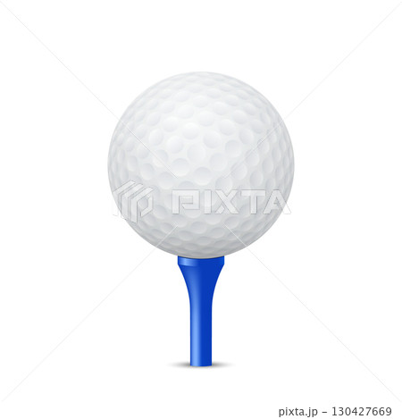 Vector 3d Blank Golf Ball on Blue Tee Isolated. Realistic Golf Ball with Tee. Professional Equipment for Golf Sport, Training, Match, Tournament, Championship, Club Concept. Front View 130427669