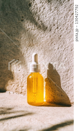 Golden oil dropper bottle on stone 130427792