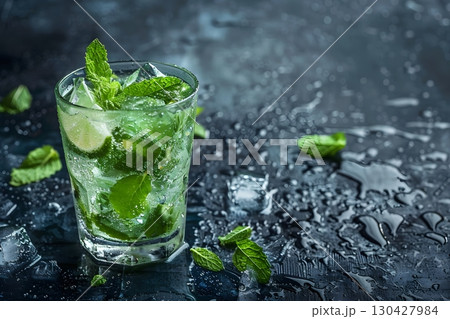 Cold Mint with Ice and Condensation on Glass 130427984