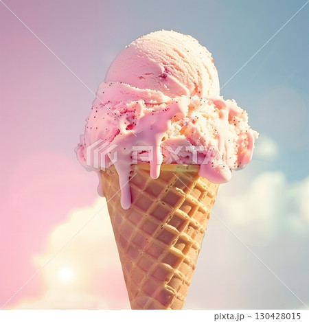 Summer Ice Cream Cone Melting on Pastel Background Summer Ice Cream Cone Melting on Pastel Background 130428015