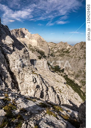 Scenic View Of Zugspitze And Jubilee Ridge From Via Ferrata Alpspitze: Rugged Rocky Peaks Of The Bavarian Alps Under Clear Blue Sky Scenic View Of Zugspitze And Jubilee Ridge From Via Ferrata Alpspitze: Rugged Rocky Peaks Of The Bavarian Alps Under Clear Blue Sky 130428408