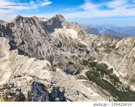 Scenic View Of Zugspitze And Jubilee Ridge From Via Ferrata Alpspitze: Rugged Rocky Peaks Of The Bavarian Alps Under Clear Blue Sky 130428414