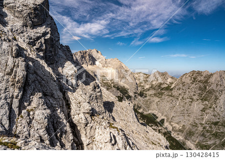 Scenic View Of Zugspitze And Jubilee Ridge From Via Ferrata Alpspitze: Rugged Rocky Peaks Of The Bavarian Alps Under Clear Blue Sky 130428415