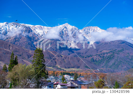 【秋素材】秋の白馬村・大出公園から見る三段紅葉の風景【長野県】 130428596