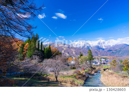 【秋素材】秋の白馬村・大出公園から見る三段紅葉の風景【長野県】 130428603