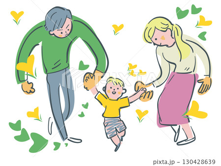 両親の大きな愛情に包まれて　両親と手を繋ぐ幼い子供　ストックイラスト素材 130428639