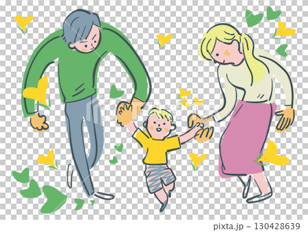 両親の大きな愛情に包まれて　両親と手を繋ぐ幼い子供　ストックイラスト素材 130428639