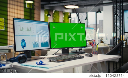 Empty professional office includes analytics tools and isolated display, supplies arranged for forecasting and business strategy to support modern development and operational efficiency. 130428754