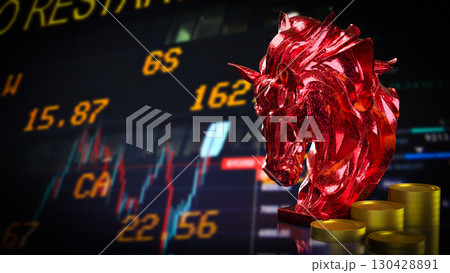 The Red Horse Bust and coins for Business concept 3d Rendering. 130428891