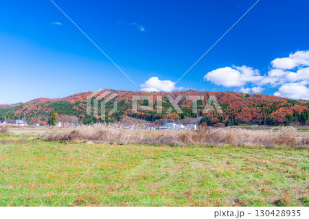 【秋素材】晩秋の白馬村の紅葉の様子と青空【長野県】 130428935