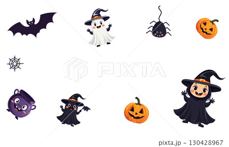 Template with Cute Halloween vector illustration with witch, ghost, pumpkin, bat, spider, cauldron, web and holiday decorations on white background. Perfect for kids design, party invitation, pattern Template with Cute Halloween vector illustration with witch, ghost, pumpkin, bat, spider, cauldron, web and holiday decorations on white background. Perfect for kids design, party invitation, pattern 130428967