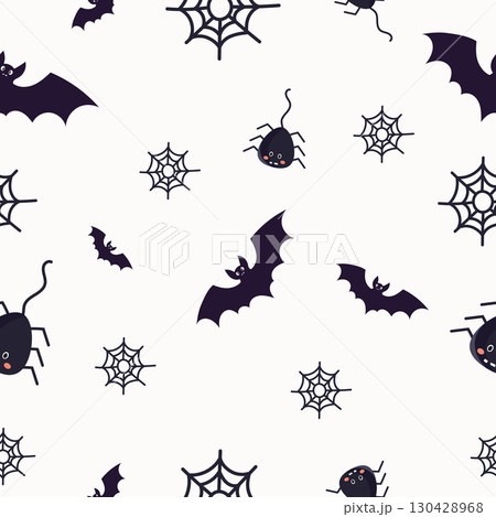 Seamless Halloween pattern with black bats, spiders, and cobwebs on white background. Flat vector illustration for festive design Seamless Halloween pattern with black bats, spiders, and cobwebs on white background. Flat vector illustration for festive design 130428968