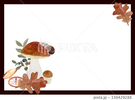 Boletus mushrooms, compass, oak leaves, blueberry branches, snail watercolor autumn frame on white background. Rustic woodland design perfect for invitations, adventure notes, and seasonal cards Boletus mushrooms, compass, oak leaves, blueberry branches, snail watercolor autumn frame on white background. Rustic woodland design perfect for invitations, adventure notes, and seasonal cards 130429288