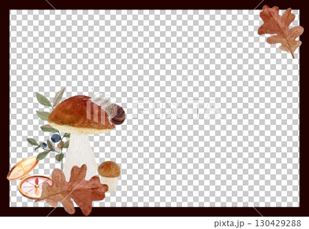 Boletus mushrooms, compass, oak leaves, blueberry branches, snail watercolor autumn frame on white background. Rustic woodland design perfect for invitations, adventure notes, and seasonal cards Boletus mushrooms, compass, oak leaves, blueberry branches, snail watercolor autumn frame on white background. Rustic woodland design perfect for invitations, adventure notes, and seasonal cards 130429288