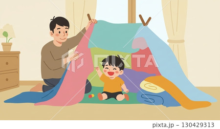 最高の冒険！子供部屋でテント遊びをする親子 130429313