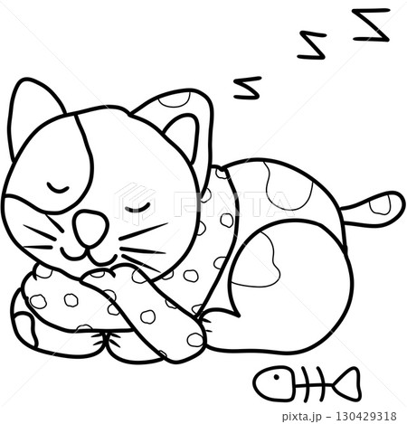 Cute sleeping cat line art coloring  130429318