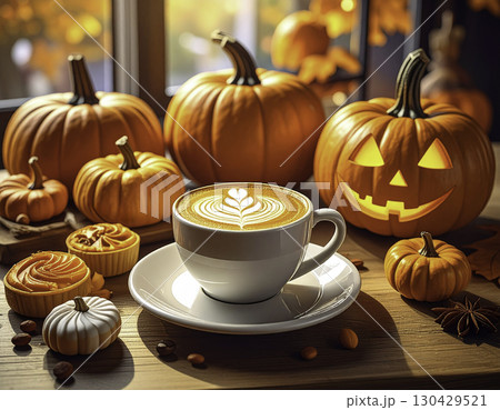 ハッピーハロウィン！かぼちゃとラテアートが彩る秋のカフェシーン 130429521