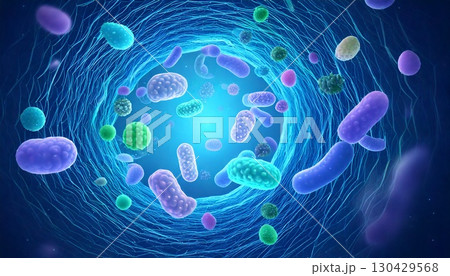 腸内細菌の悪玉菌たちが増えて腸内を浮遊しているイメージ、悪化した腸内環境の3Dイラスト 腸内細菌の悪玉菌たちが増えて腸内を浮遊しているイメージ、悪化した腸内環境の3Dイラスト 130429568