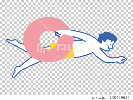 浮き輪を持って泳ぐ男性_色 浮き輪を持って泳ぐ男性_色 130429625
