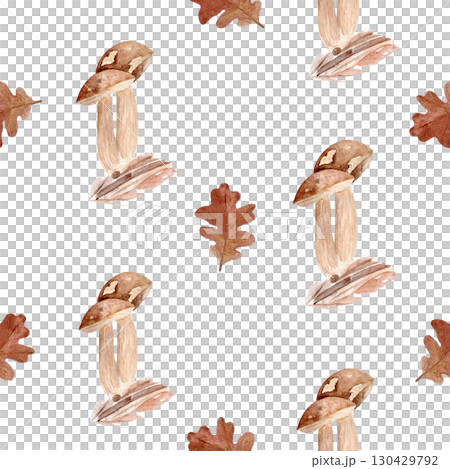 Brown wild mushrooms and oak leaves watercolor seamless pattern on white. Hand-painted design, perfect for kitchen decor, recipe books, packaging, autumn cards, textiles, and nature-themed projects 130429792