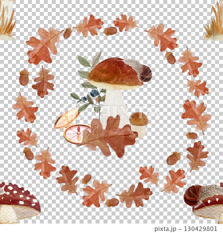 Mushrooms, snail, compass, oak leaves, acorns, and berries in rustic autumn wreath on white. Cozy watercolor seamless pattern. Woodland design perfect for seasonal fabric, packaging, nature projects 130429801