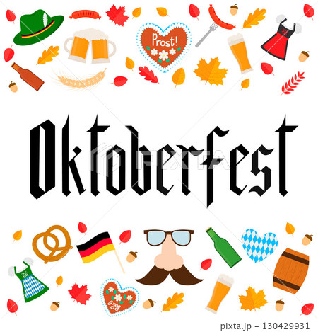 Oktoberfest fraktur font gothic lettering with traditional symbols in flat style. Munich beer festival. Easy to edit vector template for your logo design, poster, banner, flyer, brochure, etc. 130429931