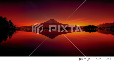 赤く染まる富士山と湖面の幻想的な風景 130429961