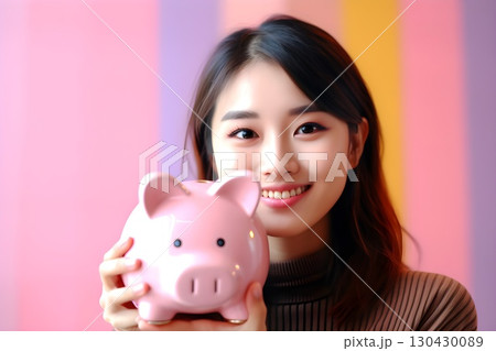 豚の貯金箱持った女性2　AI生成画像 130430089