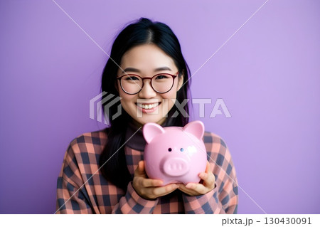 豚の貯金箱持った女性4　AI生成画像 130430091