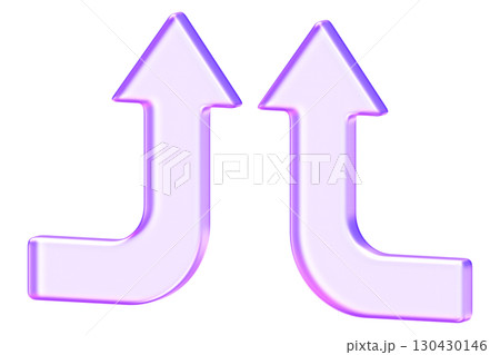 3D glassmorphism merging arrows in purple gradient. Minimal glossy style showing flow, transition, and abstract navigation for digital design. 130430146