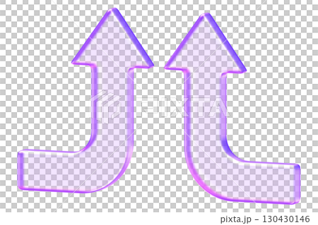 3D glassmorphism merging arrows in purple gradient. Minimal glossy style showing flow, transition, and abstract navigation for digital design. 130430146