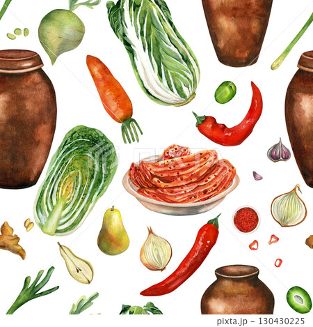Vegetables for Korean kimchi and vase, kimjang. Seamless pattern hand drawn on transparent background. Watercolor illustrations for decorating culinary recipes, posters, postcards  130430225