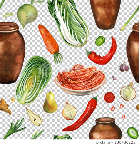 Vegetables for Korean kimchi and vase, kimjang. Seamless pattern hand drawn on transparent background. Watercolor illustrations for decorating culinary recipes, posters, postcards  130430225
