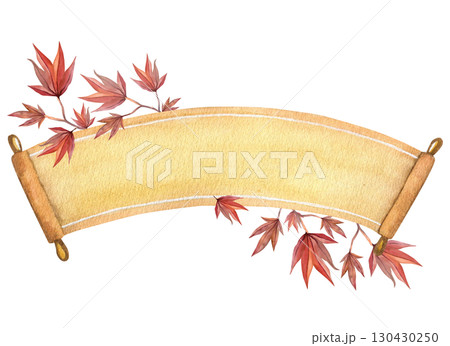 Papyrus ribbon and Japanese maple.. Hand drawn watercolor illustration of a scroll. Blank manuscript drawing for text. Yellow banner template. Rolled paper on wooden rollers  130430250