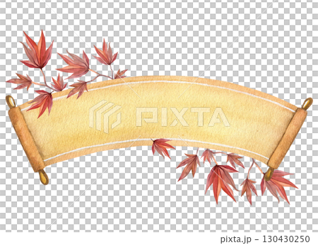Papyrus ribbon and Japanese maple.. Hand drawn watercolor illustration of a scroll. Blank manuscript drawing for text. Yellow banner template. Rolled paper on wooden rollers  130430250