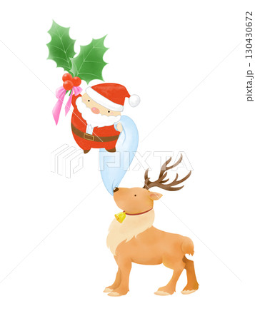 飛ぶサンタクロースと引き留めるトナカイのコミカルな水彩イラスト 飛ぶサンタクロースと引き留めるトナカイのコミカルな水彩イラスト 130430672