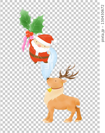 飛ぶサンタクロースと引き留めるトナカイのコミカルな水彩イラスト 飛ぶサンタクロースと引き留めるトナカイのコミカルな水彩イラスト 130430672