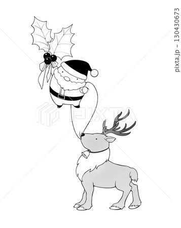 飛ぶサンタクロースと引き留めるトナカイのコミカルなモノクロイラスト 130430673