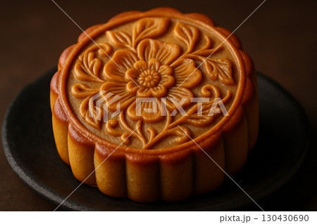 Traditional golden brown mooncake with intricate carved surface placed on a dark backdrop. Moon cake festival concept Traditional golden brown mooncake with intricate carved surface placed on a dark backdrop. Moon cake festival concept 130430690