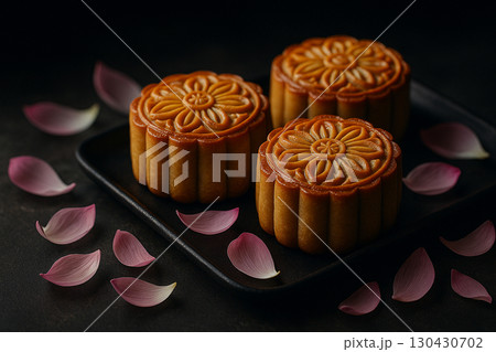 Golden mooncake presented with flower petals around creating festive elegance. Moon cake festival concept 130430702