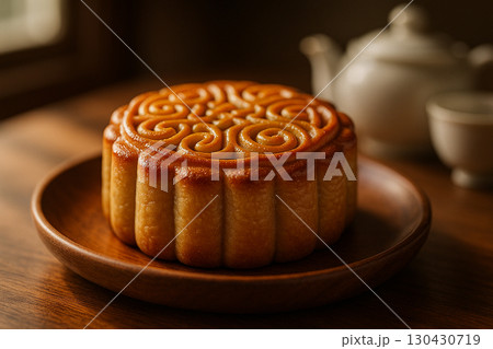 Two golden mooncakes displayed side by side with festive elegance. Moon cake festival concept 130430719